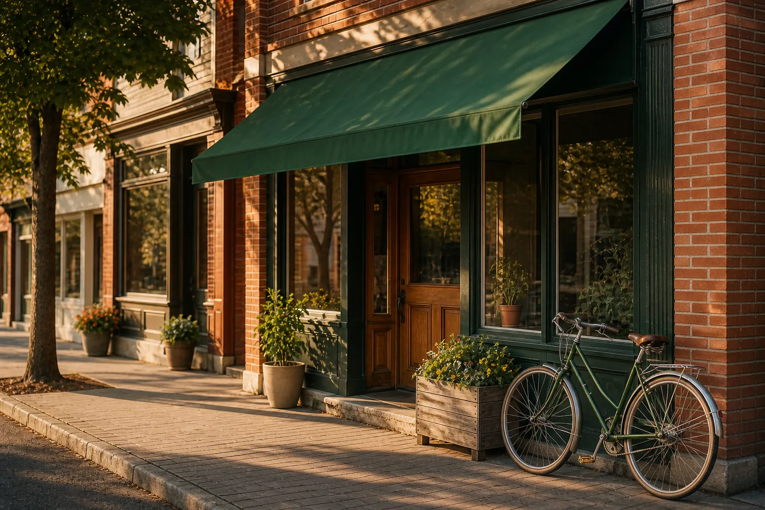 A local storefront with a green awning on a small-town main street